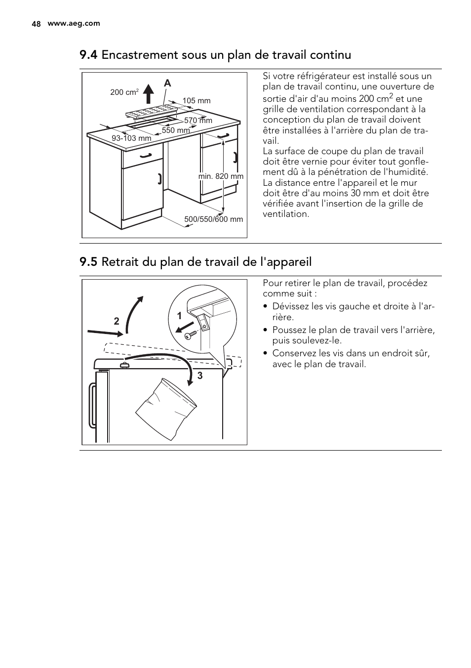 4 encastrement sous un plan de travail continu, 5 retrait du plan de travail de l'appareil | AEG S71700TSX0 User Manual | Page 48 / 72