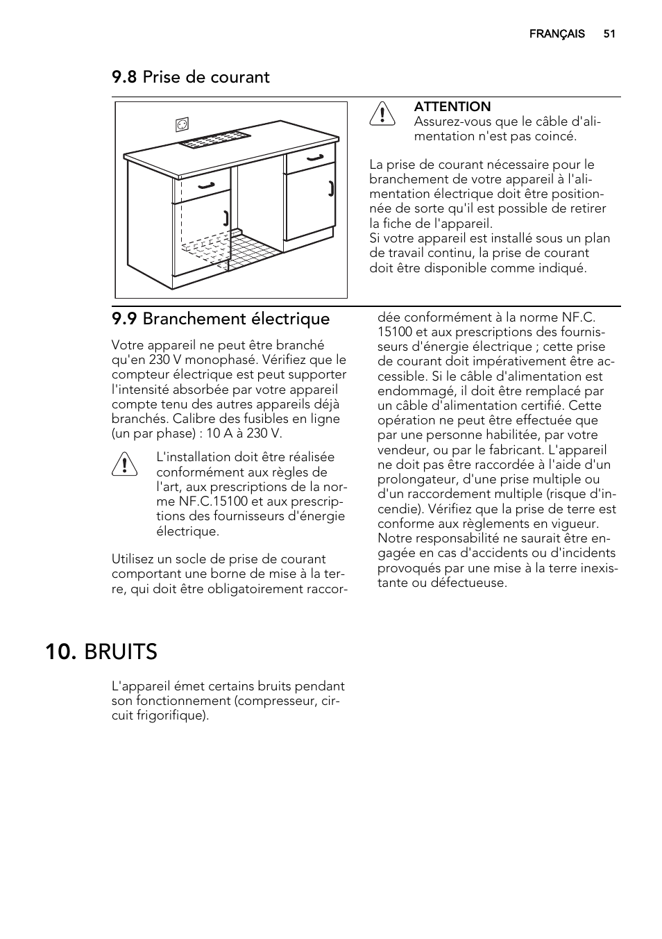 Bruits, 8 prise de courant, 9 branchement électrique | AEG S71700TSX0 User Manual | Page 51 / 72
