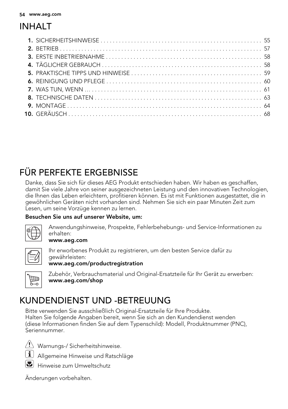 Inhalt, Für perfekte ergebnisse, Kundendienst und -betreuung | AEG S71700TSX0 User Manual | Page 54 / 72