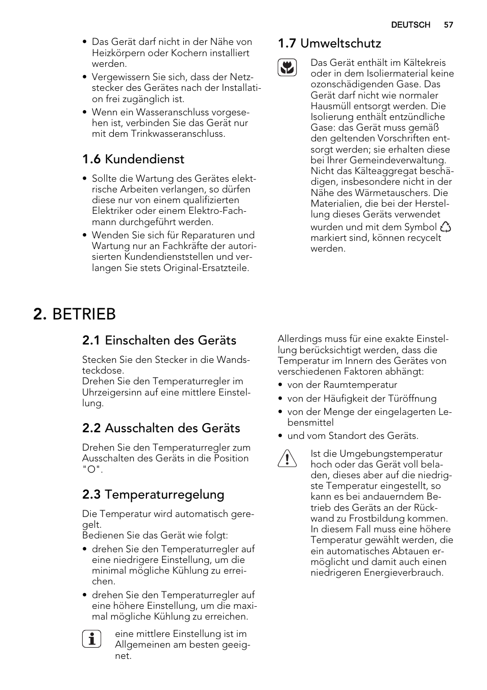 Betrieb, 6 kundendienst, 7 umweltschutz | 1 einschalten des geräts, 2 ausschalten des geräts, 3 temperaturregelung | AEG S71700TSX0 User Manual | Page 57 / 72