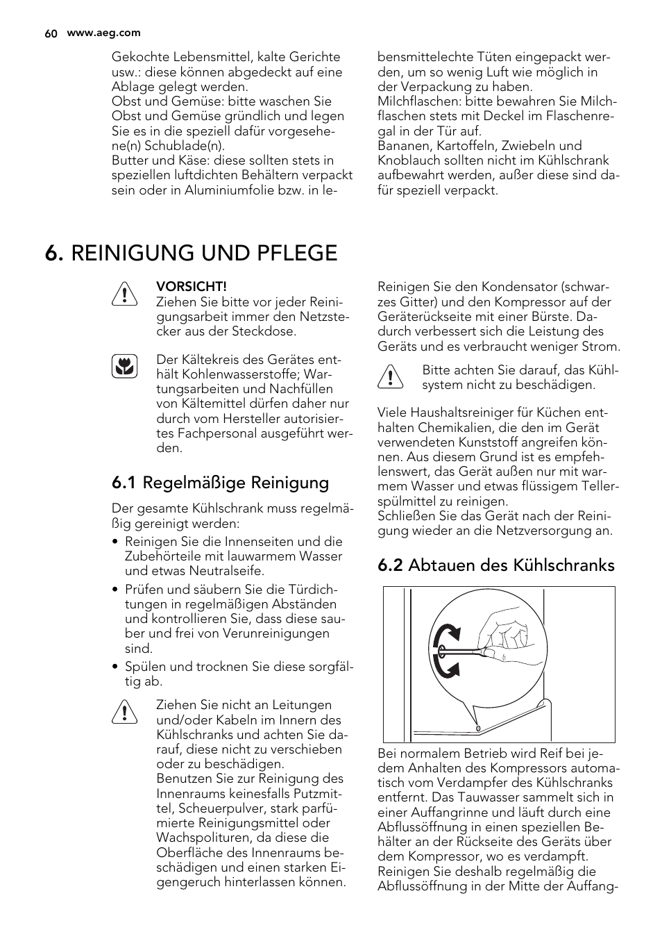 Reinigung und pflege, 1 regelmäßige reinigung, 2 abtauen des kühlschranks | AEG S71700TSX0 User Manual | Page 60 / 72