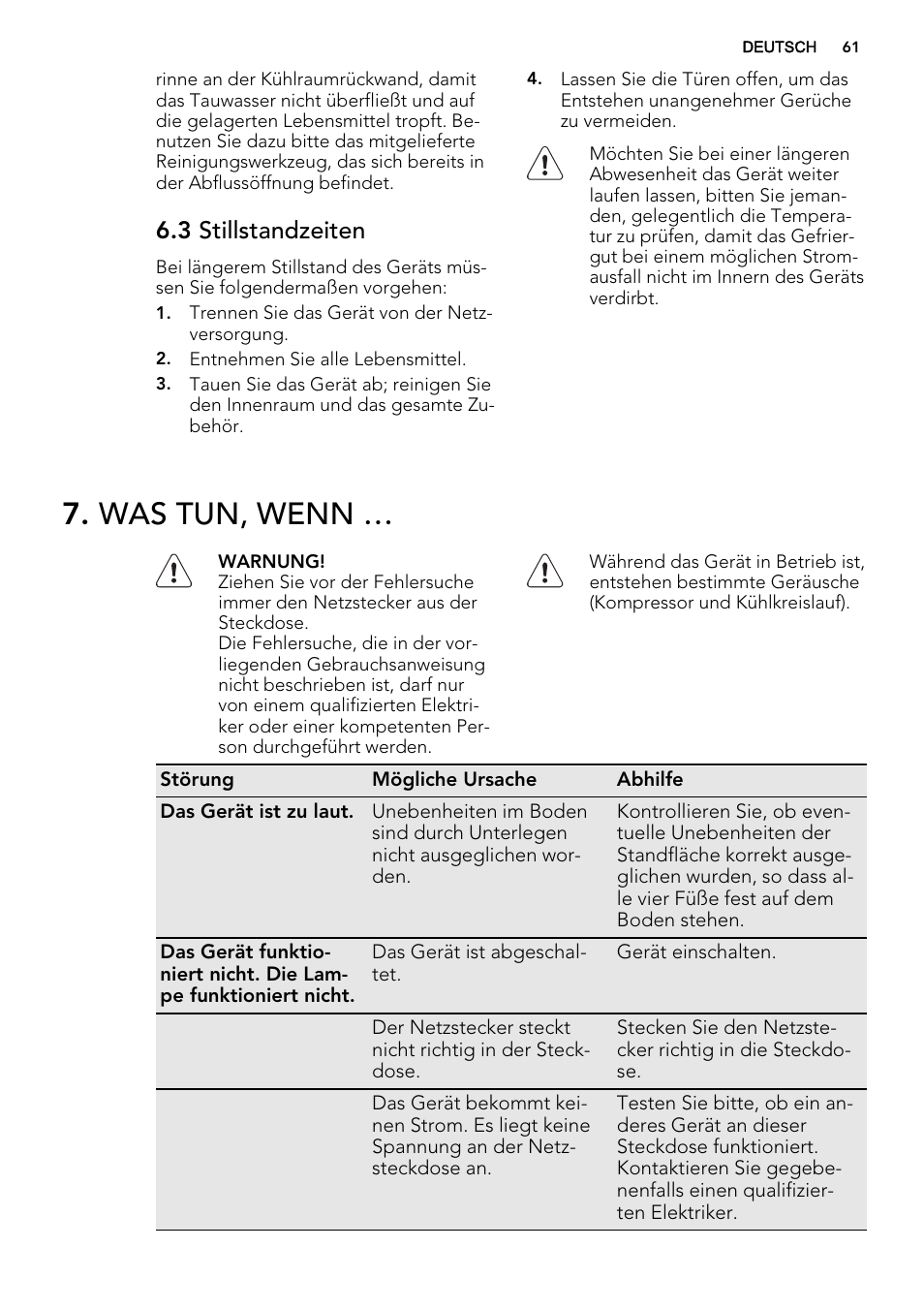 Was tun, wenn, 3 stillstandzeiten | AEG S71700TSX0 User Manual | Page 61 / 72