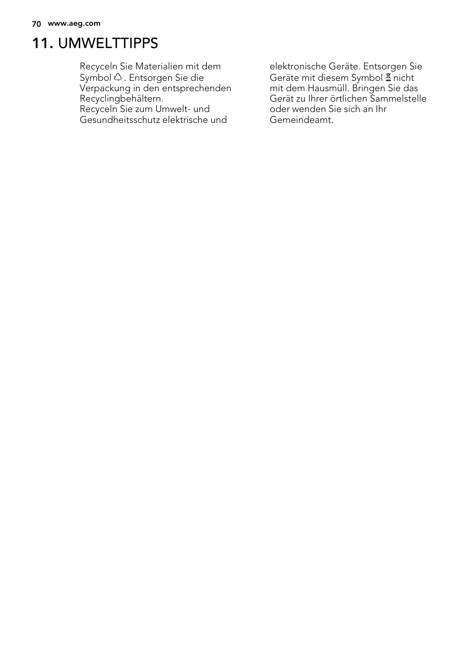 Umwelttipps | AEG S71700TSX0 User Manual | Page 70 / 72