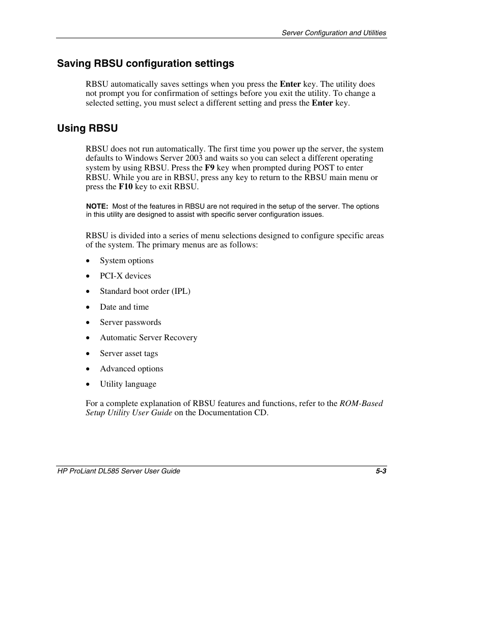 Saving rbsu configuration settings, Using rbsu, Saving rbsu configuration settings -3 | Using rbsu -3 | HP ProLiant DL585 Server User Manual | Page 100 / 183