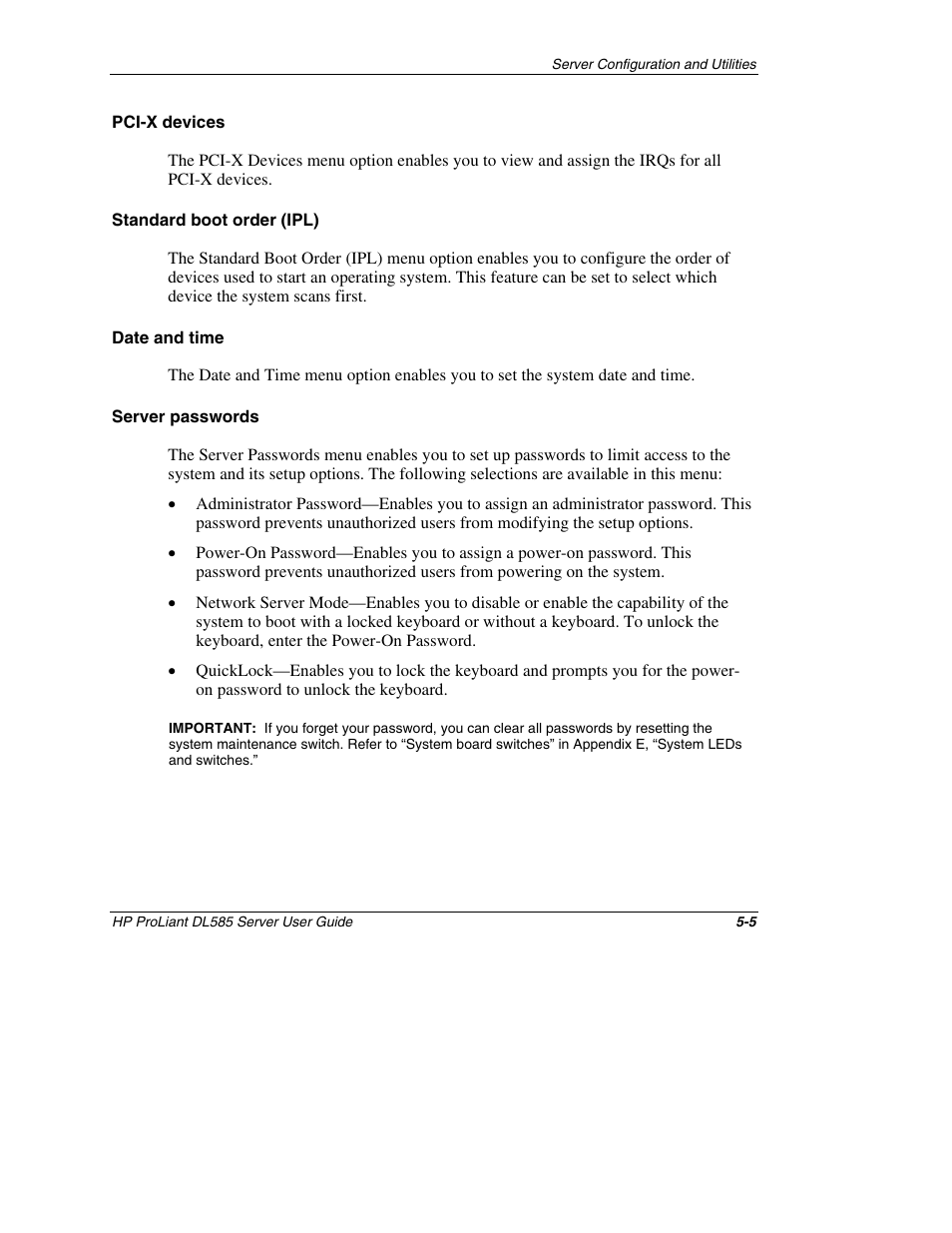 Pci-x devices, Standard boot order (ipl), Date and time | Server passwords | HP ProLiant DL585 Server User Manual | Page 102 / 183