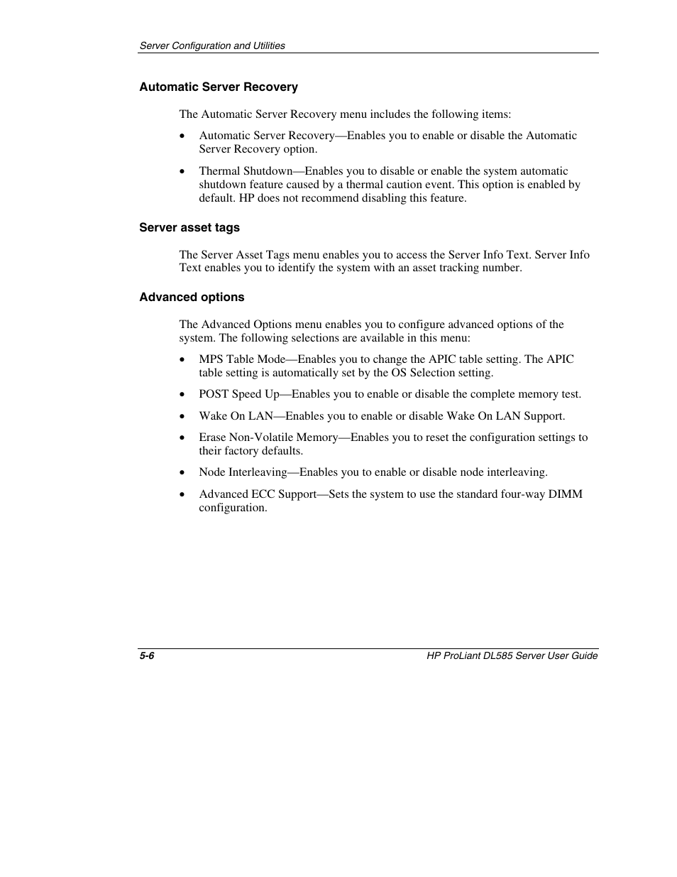 Automatic server recovery, Server asset tags, Advanced options | HP ProLiant DL585 Server User Manual | Page 103 / 183