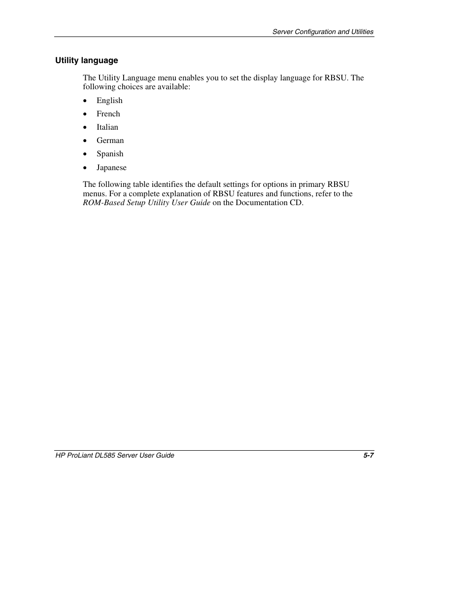 Utility language | HP ProLiant DL585 Server User Manual | Page 104 / 183