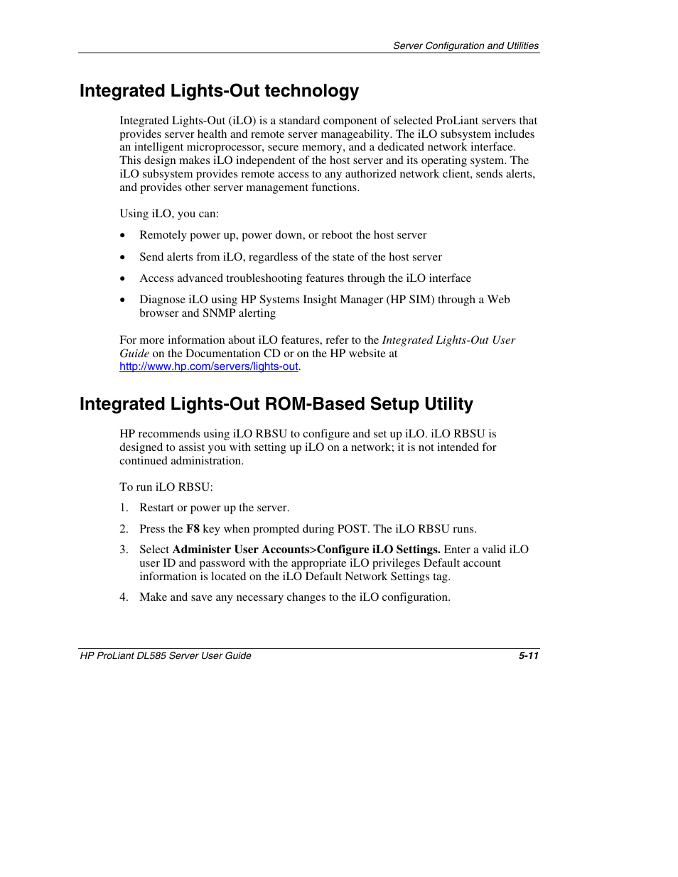 Integrated lights-out technology, Integrated lights-out rom-based setup utility, Integrated lights-out technology -11 | Integrated lights-out rom-based setup utility -11 | HP ProLiant DL585 Server User Manual | Page 108 / 183