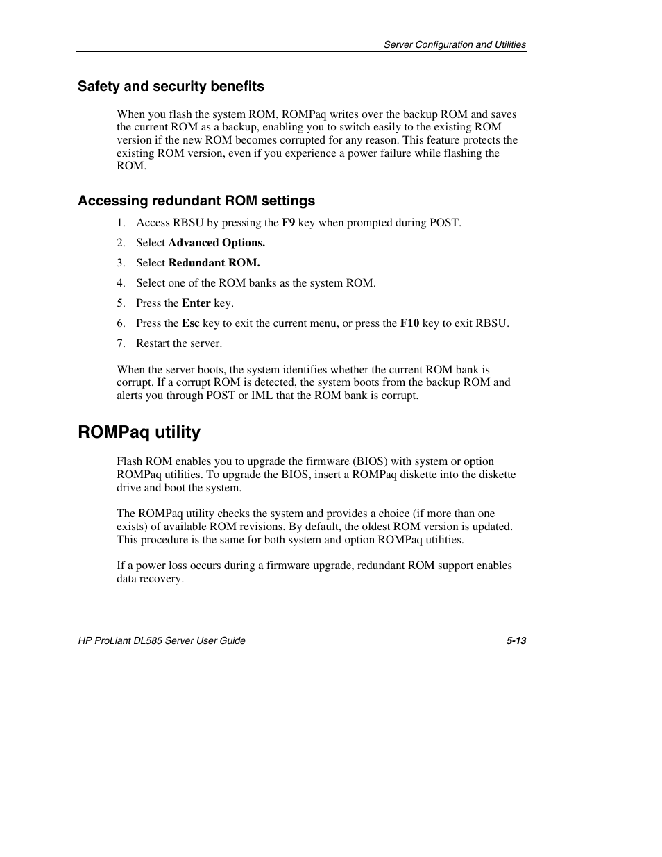 Safety and security benefits, Accessing redundant rom settings, Rompaq utility | Safety and security benefits -13, Accessing redundant rom settings -13, Rompaq utility -13 | HP ProLiant DL585 Server User Manual | Page 110 / 183