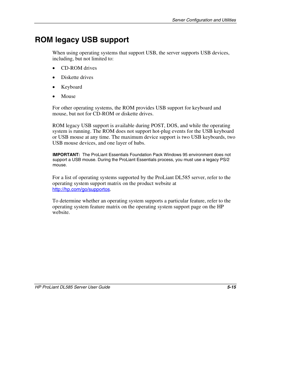 Rom legacy usb support, Rom legacy usb support -15 | HP ProLiant DL585 Server User Manual | Page 112 / 183