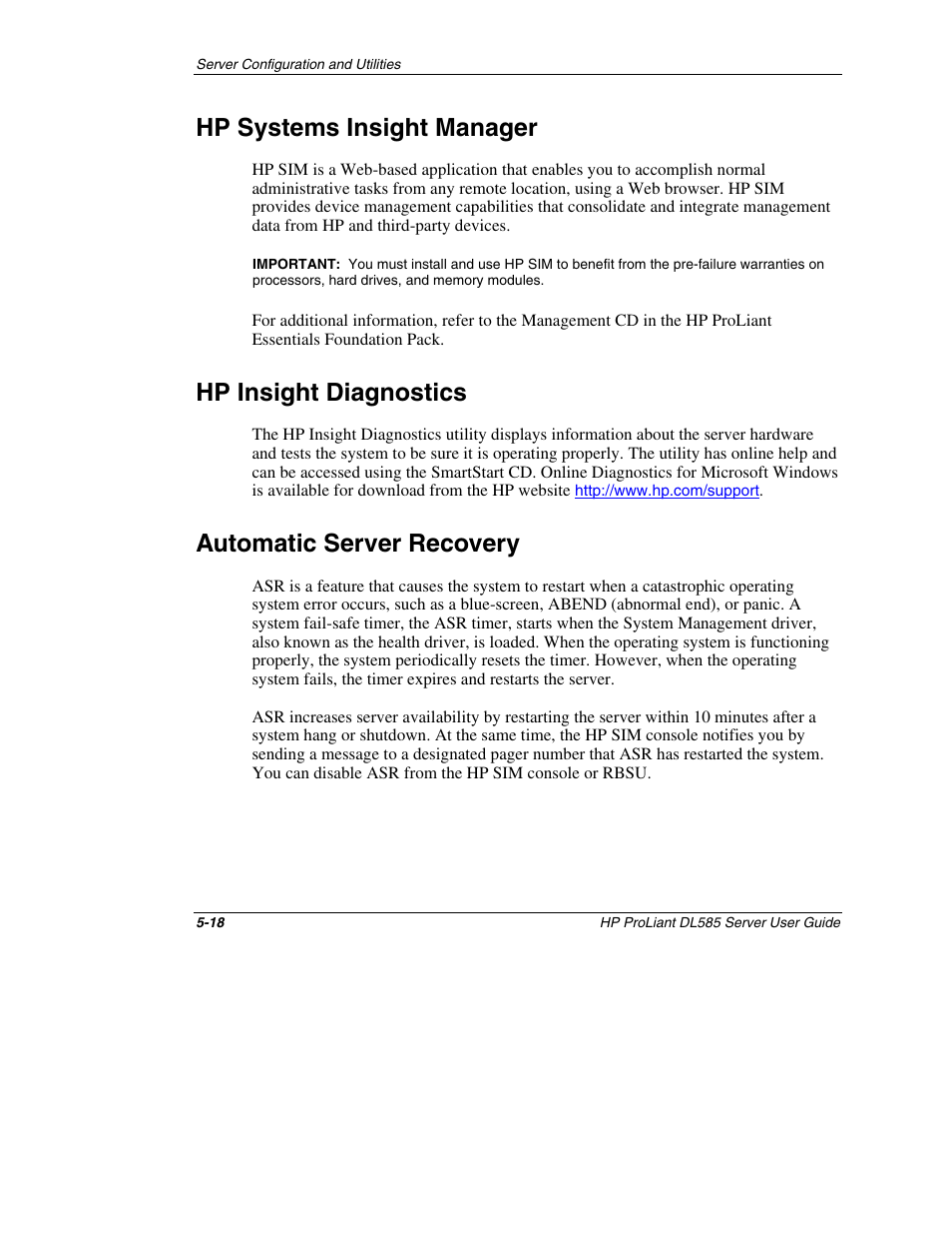 Hp systems insight manager, Hp insight diagnostics, Automatic server recovery | Hp systems insight manager -18, Hp insight diagnostics -18, Automatic server recovery -18 | HP ProLiant DL585 Server User Manual | Page 115 / 183