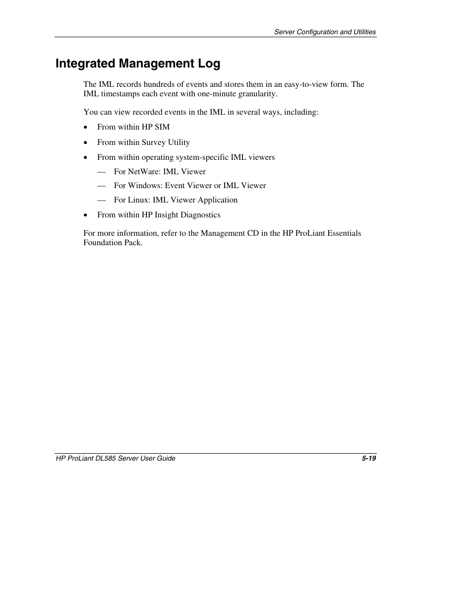 Integrated management log, Integrated management log -19 | HP ProLiant DL585 Server User Manual | Page 116 / 183