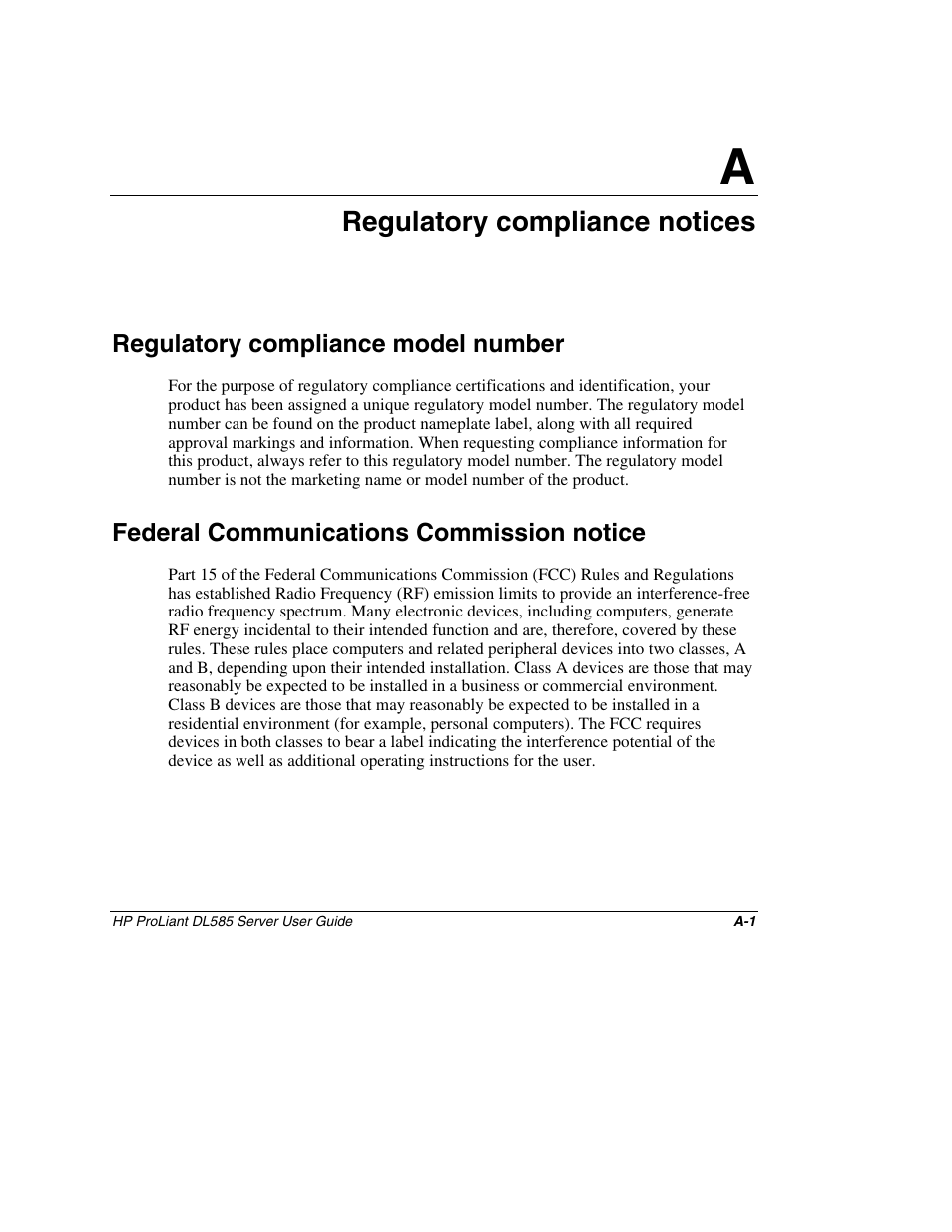 Appendix a: regulatory compliance notices, Regulatory compliance model number, Federal communications commission notice | Appendix a, Regulatory compliance notices | HP ProLiant DL585 Server User Manual | Page 117 / 183