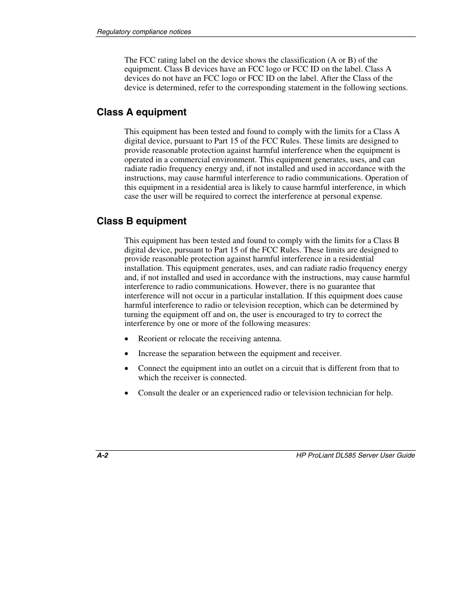 Class a equipment, Class b equipment | HP ProLiant DL585 Server User Manual | Page 118 / 183