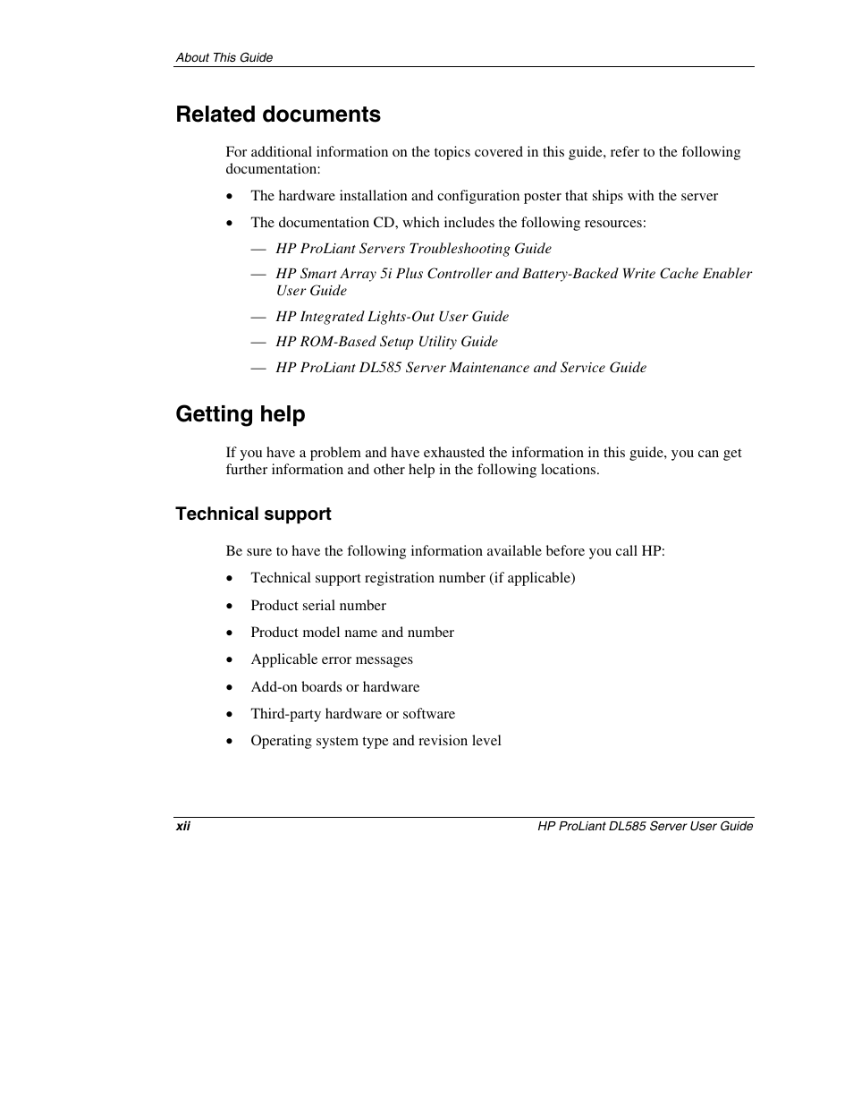 Related documents, Getting help, Technical support | HP ProLiant DL585 Server User Manual | Page 12 / 183