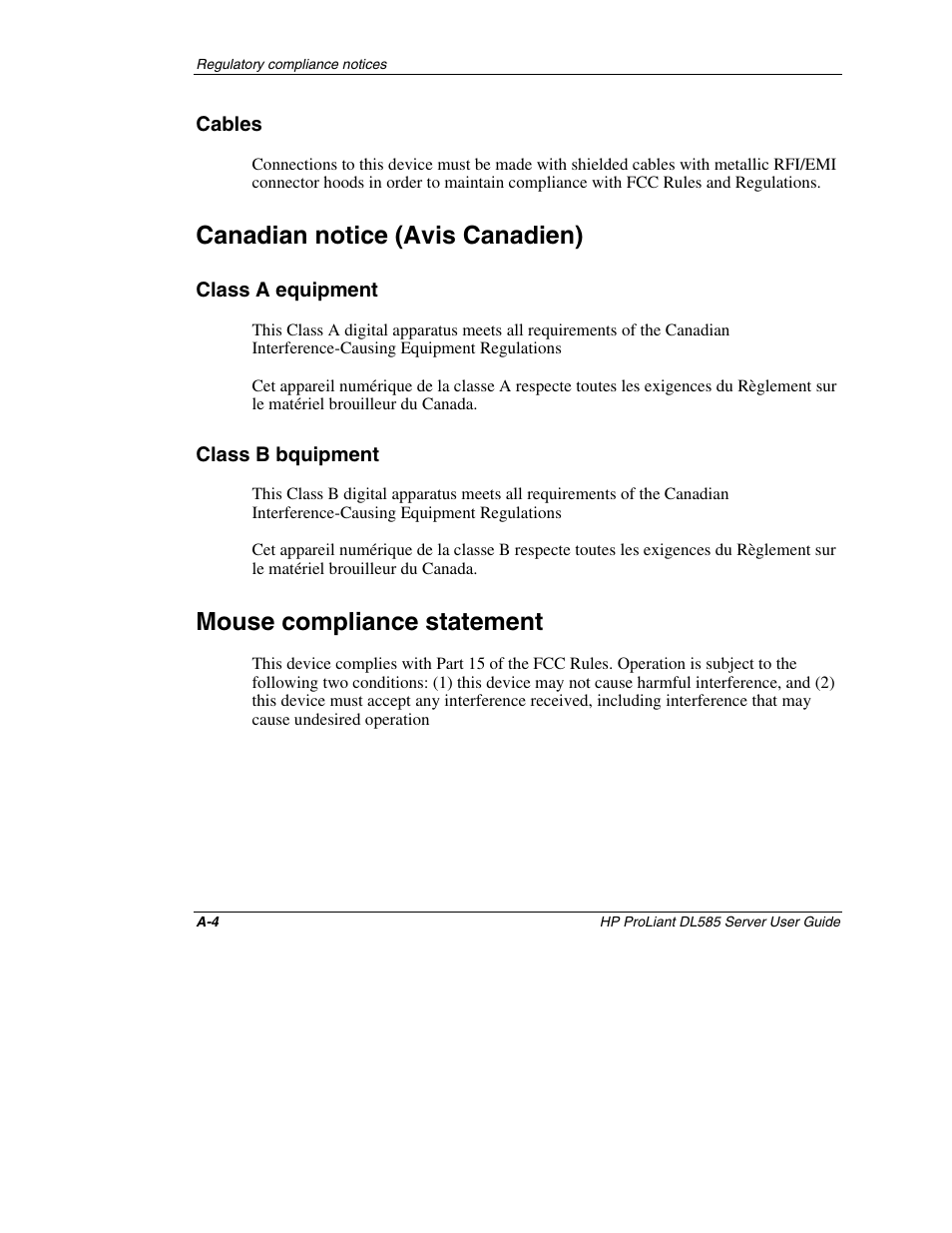 Cables, Canadian notice (avis canadien), Class a equipment | Class b bquipment, Mouse compliance statement | HP ProLiant DL585 Server User Manual | Page 120 / 183