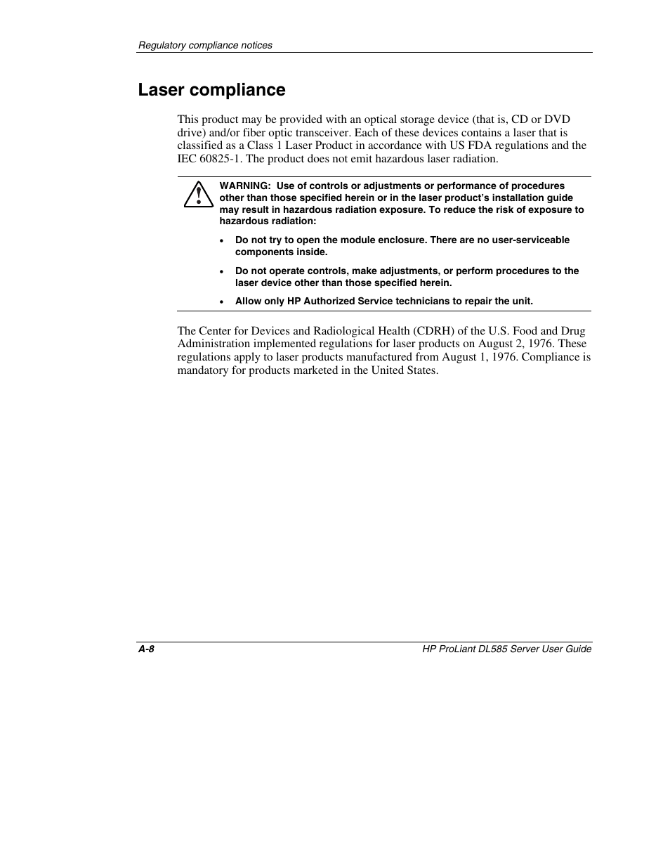 Laser compliance | HP ProLiant DL585 Server User Manual | Page 124 / 183