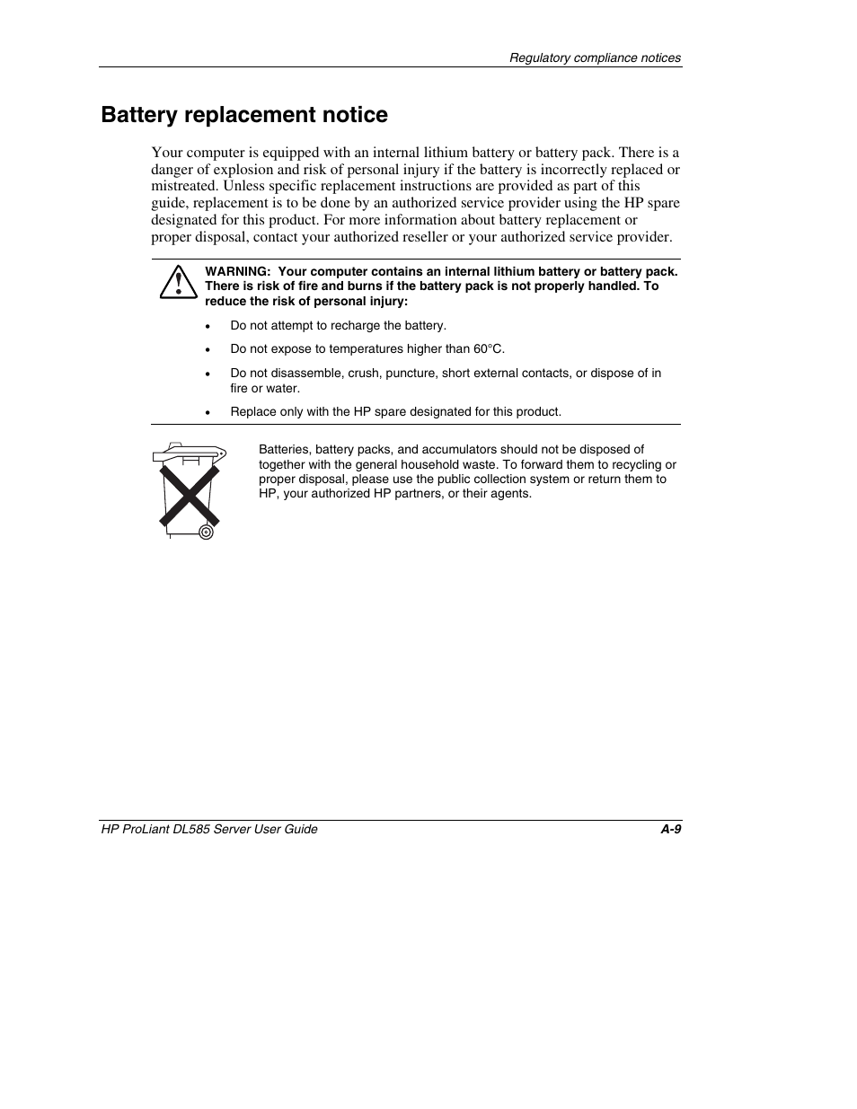 Battery replacement notice | HP ProLiant DL585 Server User Manual | Page 125 / 183