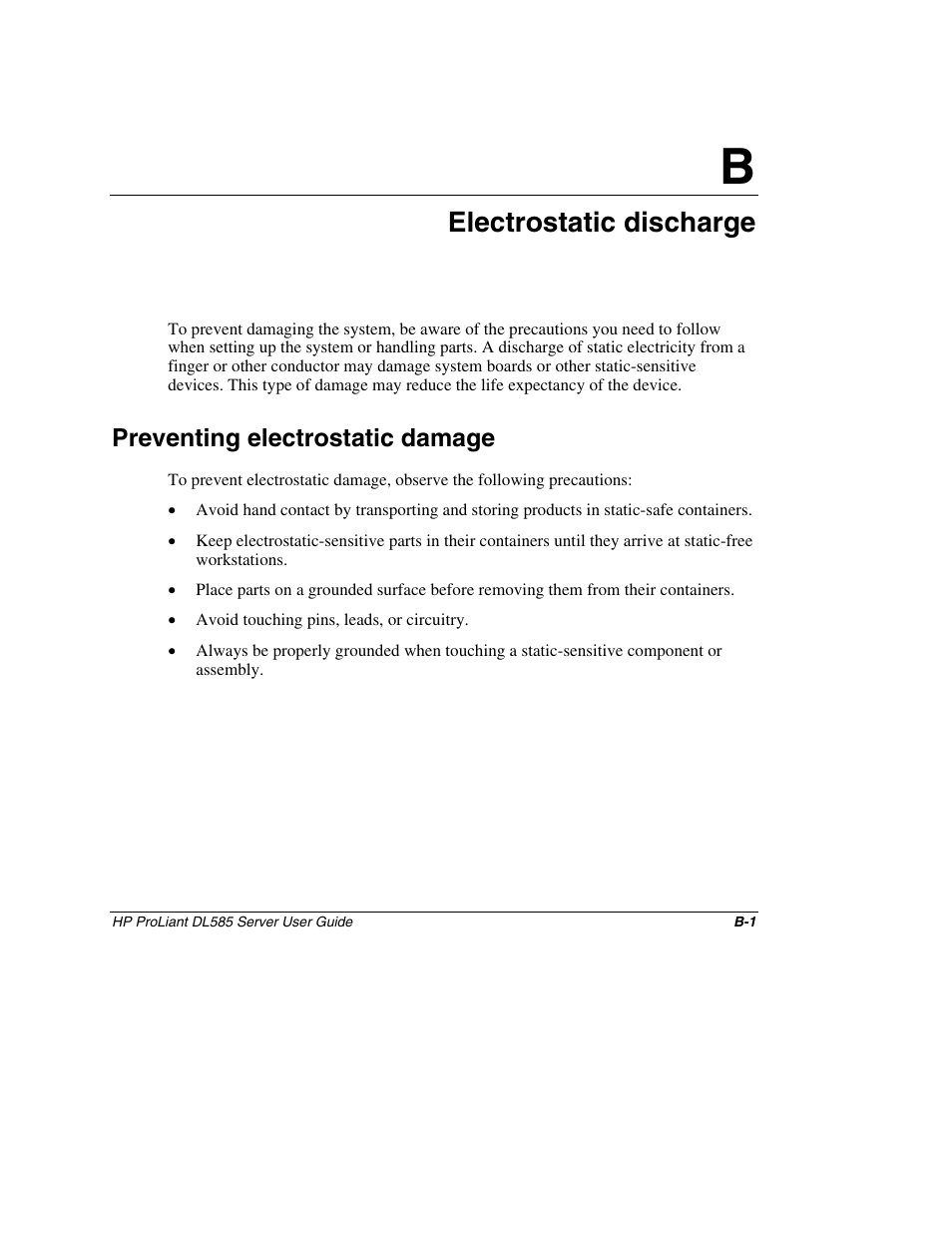 Appendix b: electrostatic discharge, Preventing electrostatic damage, Appendix b | Electrostatic discharge | HP ProLiant DL585 Server User Manual | Page 128 / 183