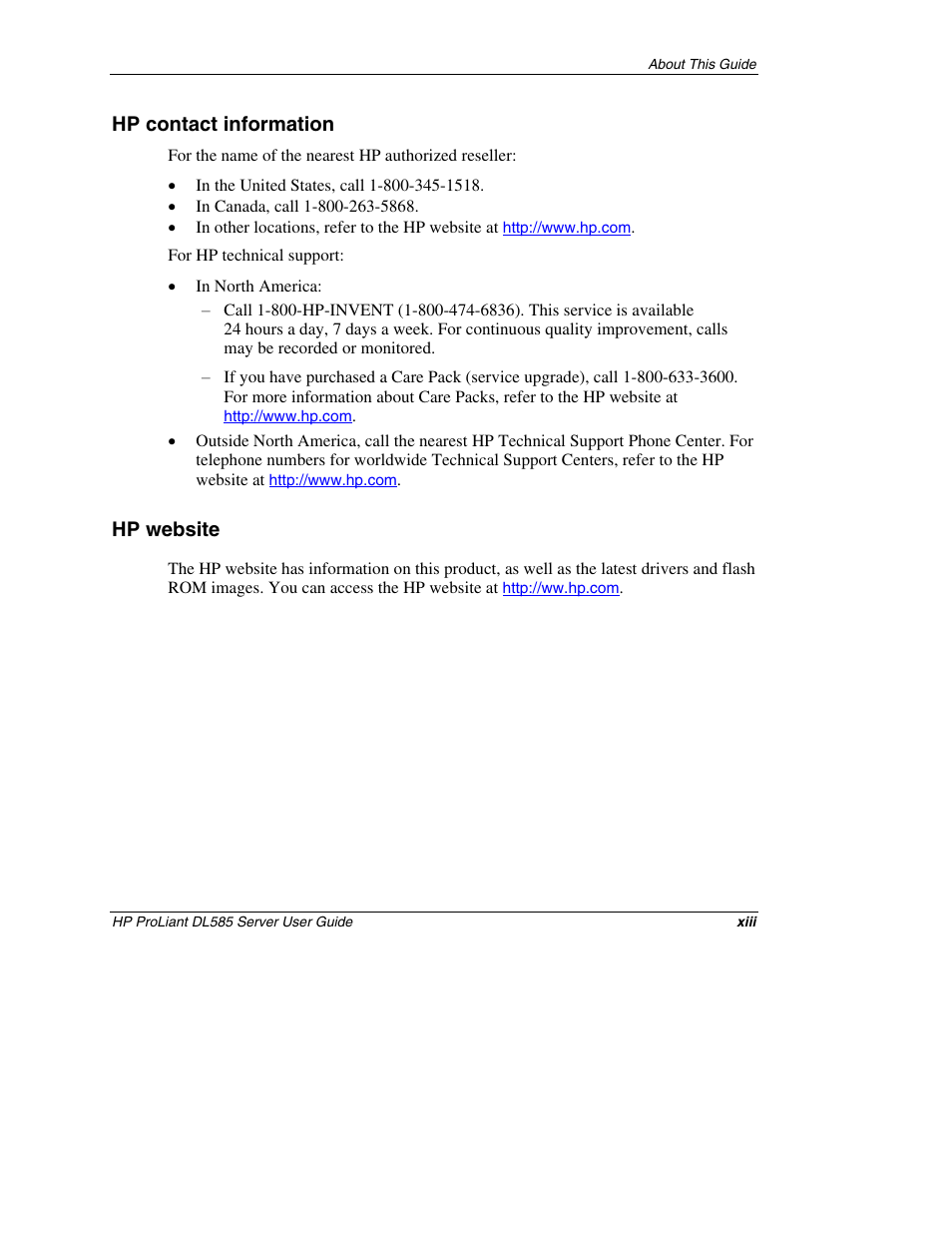 Hp contact information, Hp website | HP ProLiant DL585 Server User Manual | Page 13 / 183