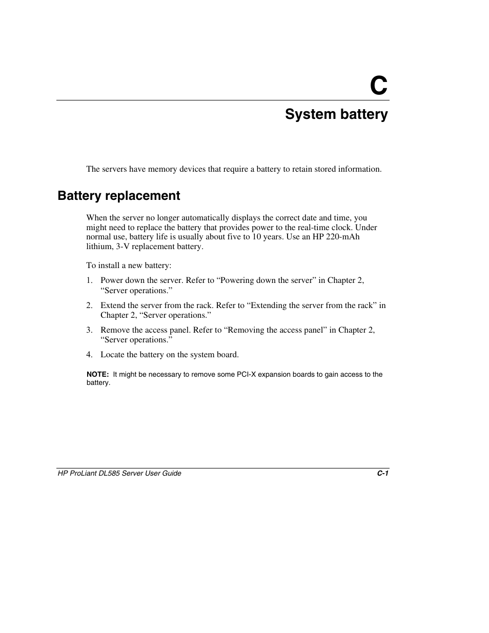 Appendix c: system battery, Battery replacement, Appendix c | System battery | HP ProLiant DL585 Server User Manual | Page 130 / 183