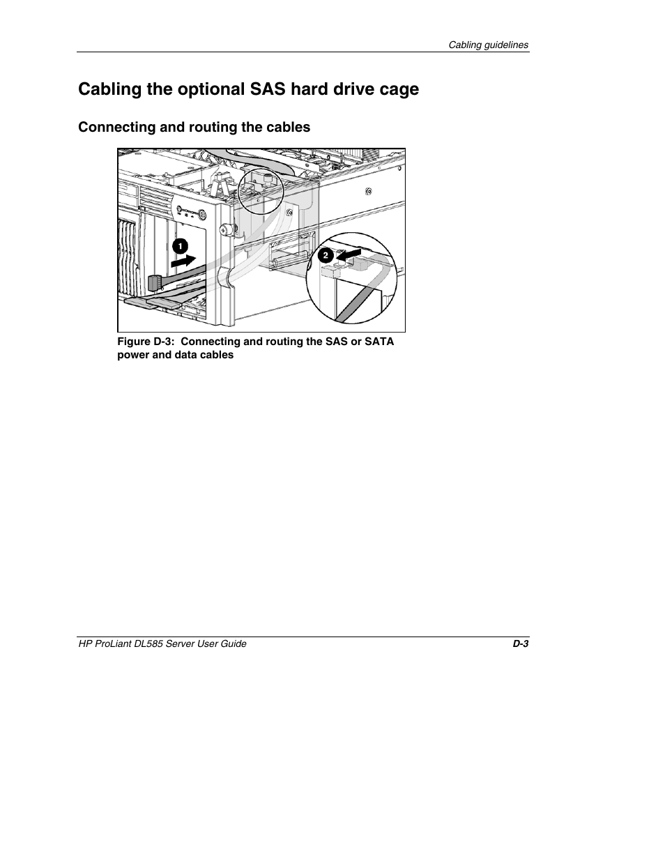 Cabling the optional sas hard drive cage, Connecting and routing the cables | HP ProLiant DL585 Server User Manual | Page 135 / 183