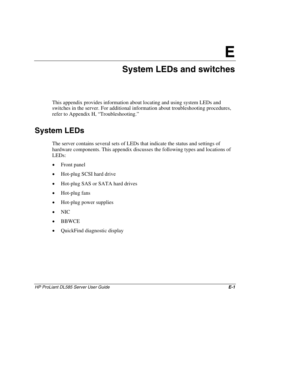 Appendix e: system leds and switches, System leds, Appendix e | System leds and switches | HP ProLiant DL585 Server User Manual | Page 137 / 183