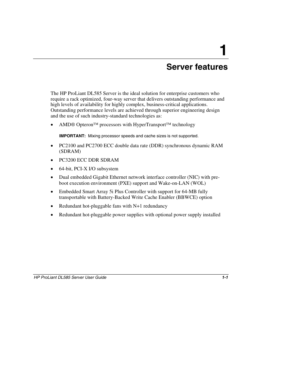 Chapter 1: server features, Chapter 1, Server features | HP ProLiant DL585 Server User Manual | Page 14 / 183