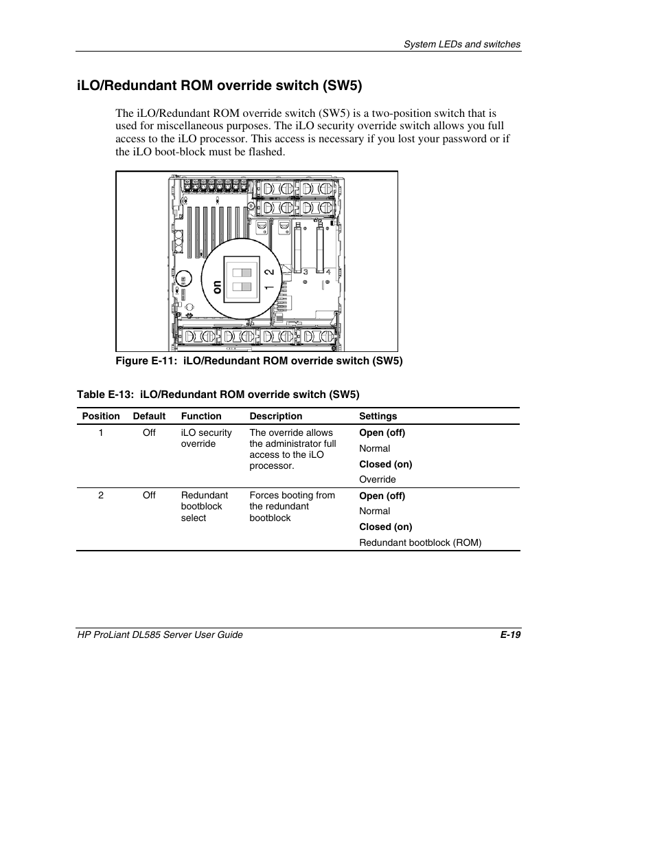 Ilo/redundant rom override switch (sw5) | HP ProLiant DL585 Server User Manual | Page 155 / 183