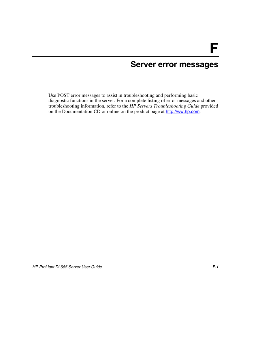 Appendix f: server error messages, Appendix f, Server error messages | HP ProLiant DL585 Server User Manual | Page 156 / 183