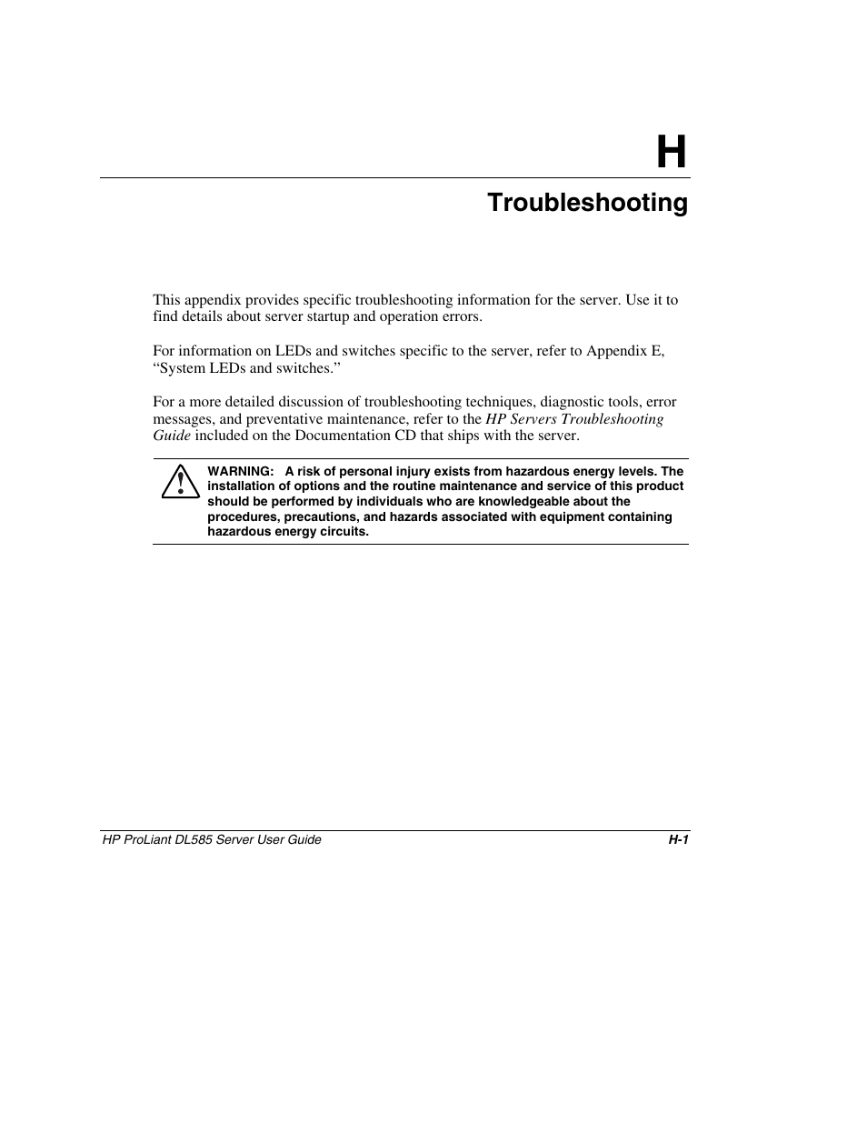 Appendix h: troubleshooting, Appendix h, Troubleshooting | HP ProLiant DL585 Server User Manual | Page 159 / 183