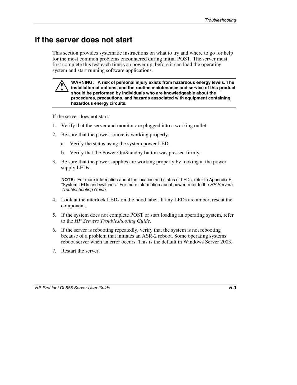 If the server does not start | HP ProLiant DL585 Server User Manual | Page 161 / 183