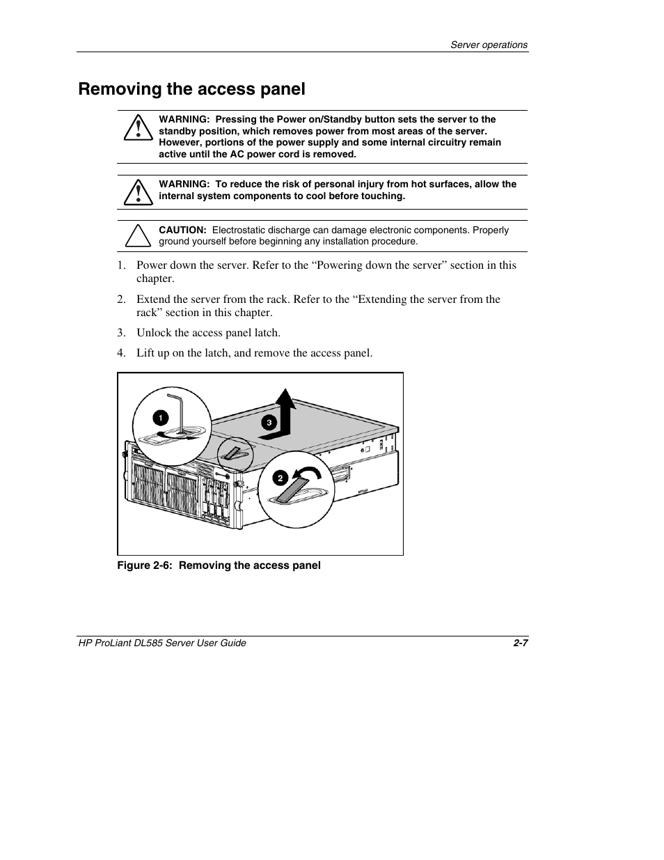 Removing the access panel, Removing the access panel -7 | HP ProLiant DL585 Server User Manual | Page 22 / 183