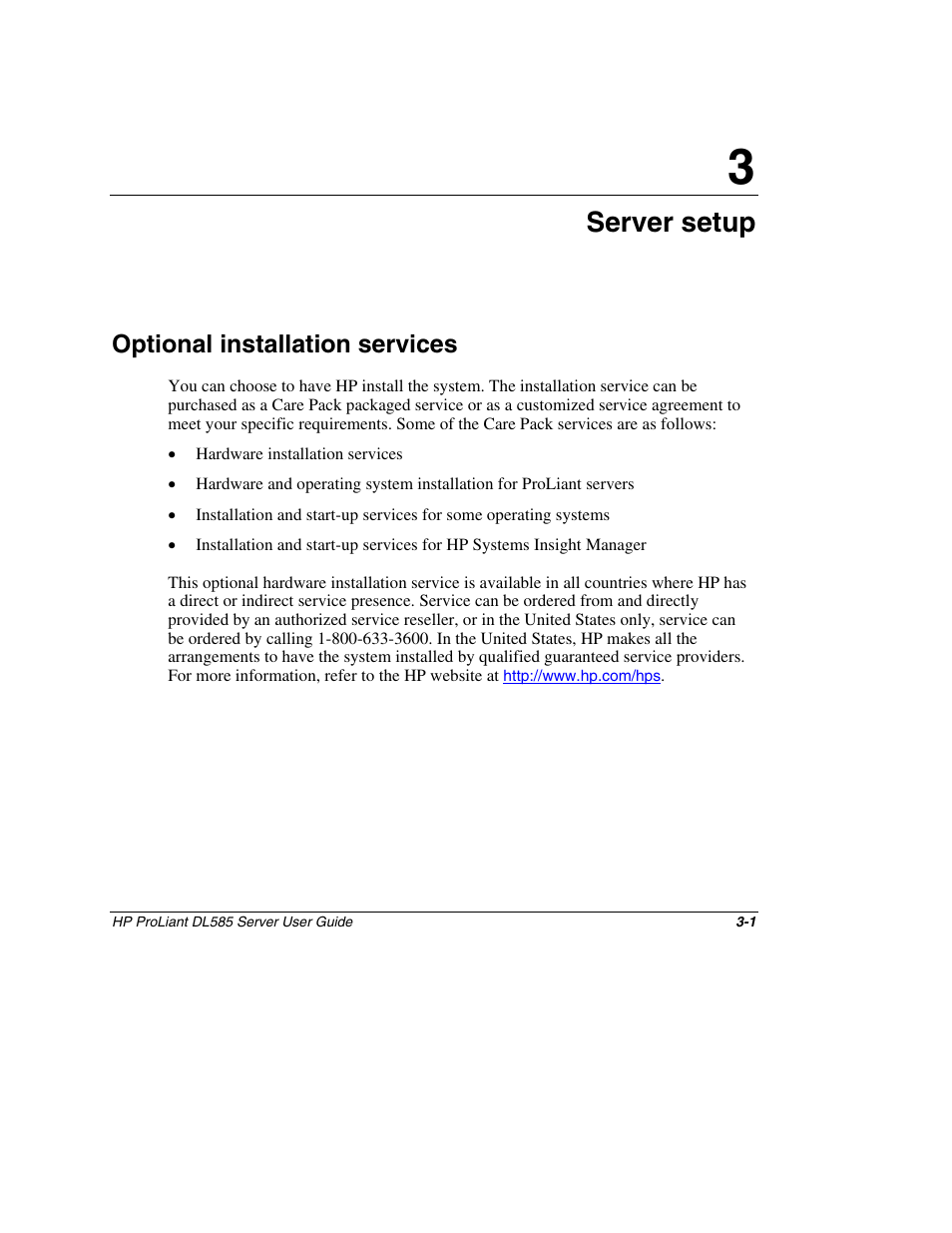 Chapter 3: server setup, Optional installation services, Chapter 3 | Server setup, Optional installation services -1 | HP ProLiant DL585 Server User Manual | Page 24 / 183