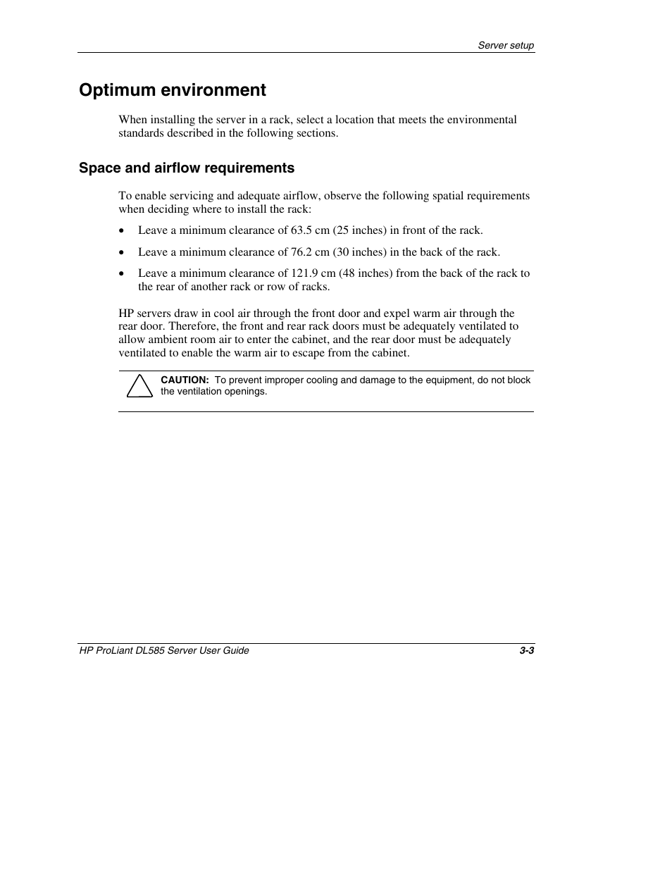 Optimum environment, Space and airflow requirements, Optimum environment -3 | Space and airflow requirements -3 | HP ProLiant DL585 Server User Manual | Page 26 / 183