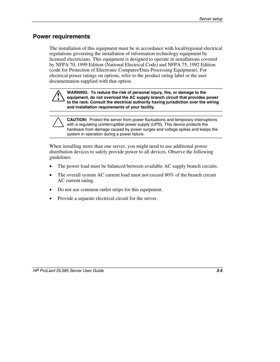 Power requirements, Power requirements -5 | HP ProLiant DL585 Server User Manual | Page 28 / 183