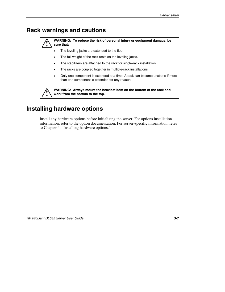 Rack warnings and cautions, Installing hardware options, Rack warnings and cautions -7 | Installing hardware options -7 | HP ProLiant DL585 Server User Manual | Page 30 / 183