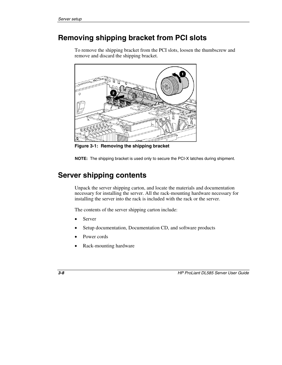 Removing shipping bracket from pci slots, Server shipping contents, Removing shipping bracket from pci slots -8 | Server shipping contents -8 | HP ProLiant DL585 Server User Manual | Page 31 / 183