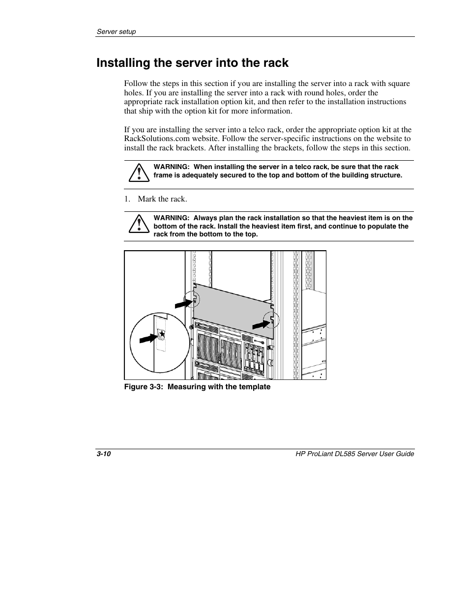 Installing the server into the rack, Installing the server into the rack -10 | HP ProLiant DL585 Server User Manual | Page 33 / 183
