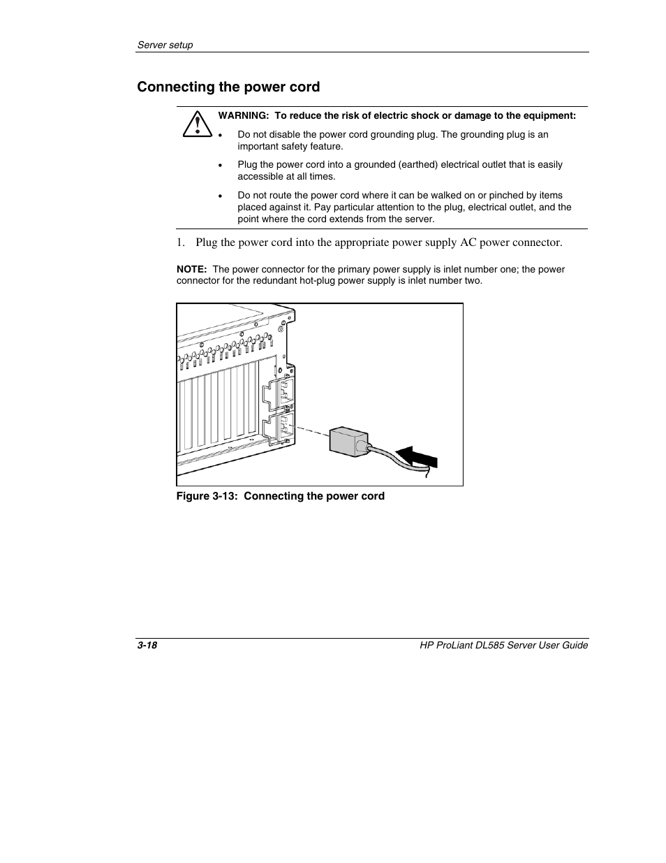 Connecting the power cord, Connecting the power cord -18 | HP ProLiant DL585 Server User Manual | Page 41 / 183