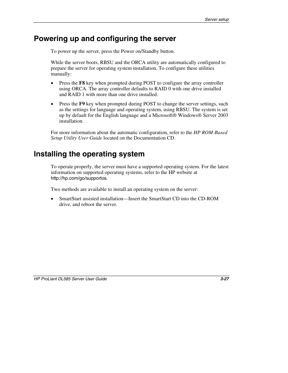 Powering up and configuring the server, Installing the operating system, Powering up and configuring the server -27 | Installing the operating system -27 | HP ProLiant DL585 Server User Manual | Page 50 / 183