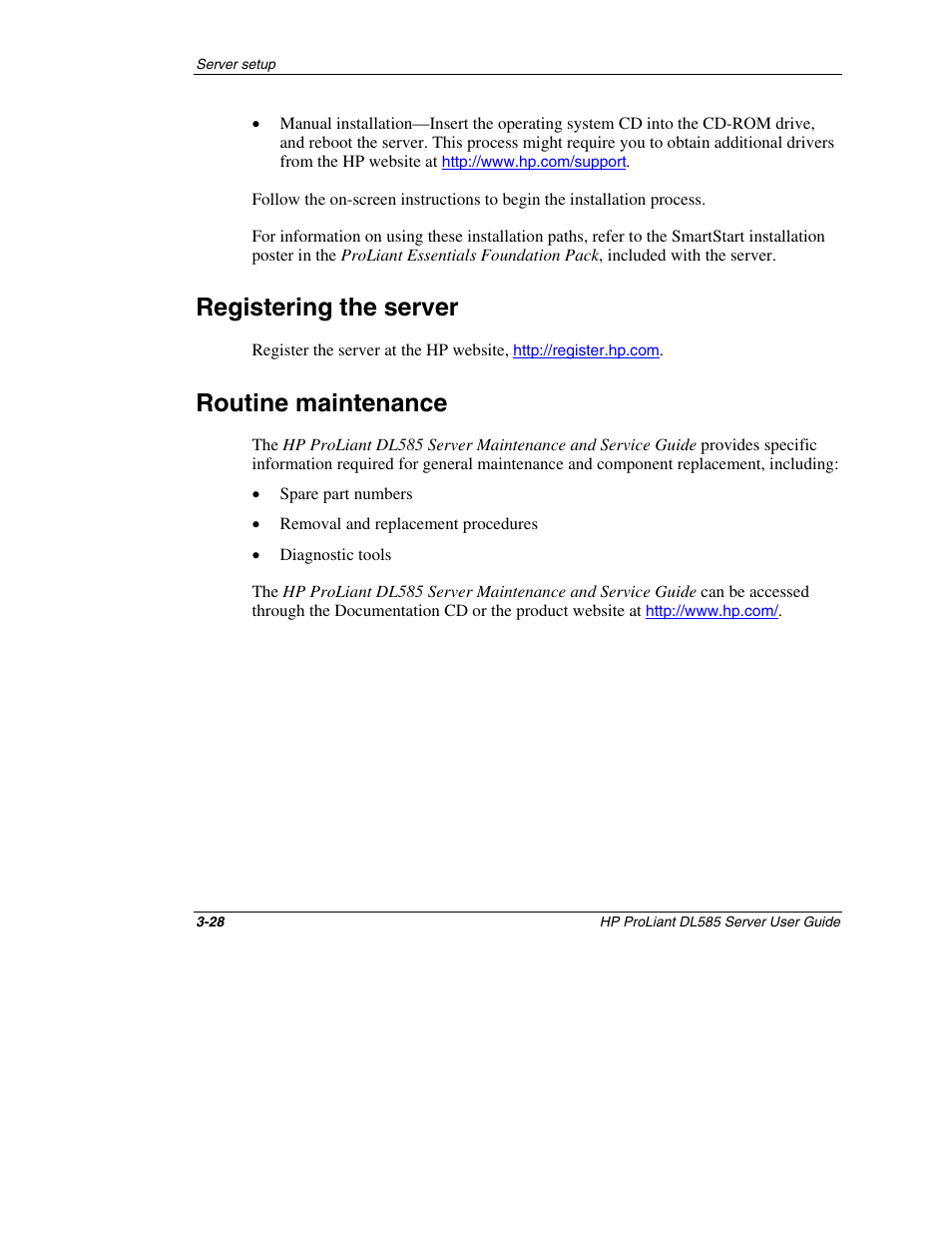 Registering the server, Routine maintenance, Registering the server -28 | Routine maintenance -28 | HP ProLiant DL585 Server User Manual | Page 51 / 183