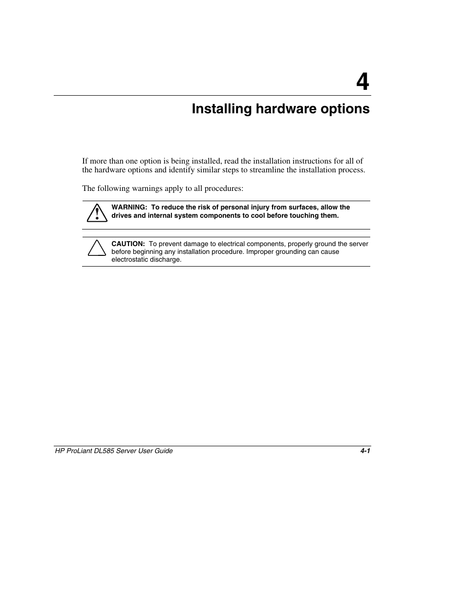 Chapter 4: installing hardware options, Chapter 4, Installing hardware options | HP ProLiant DL585 Server User Manual | Page 52 / 183