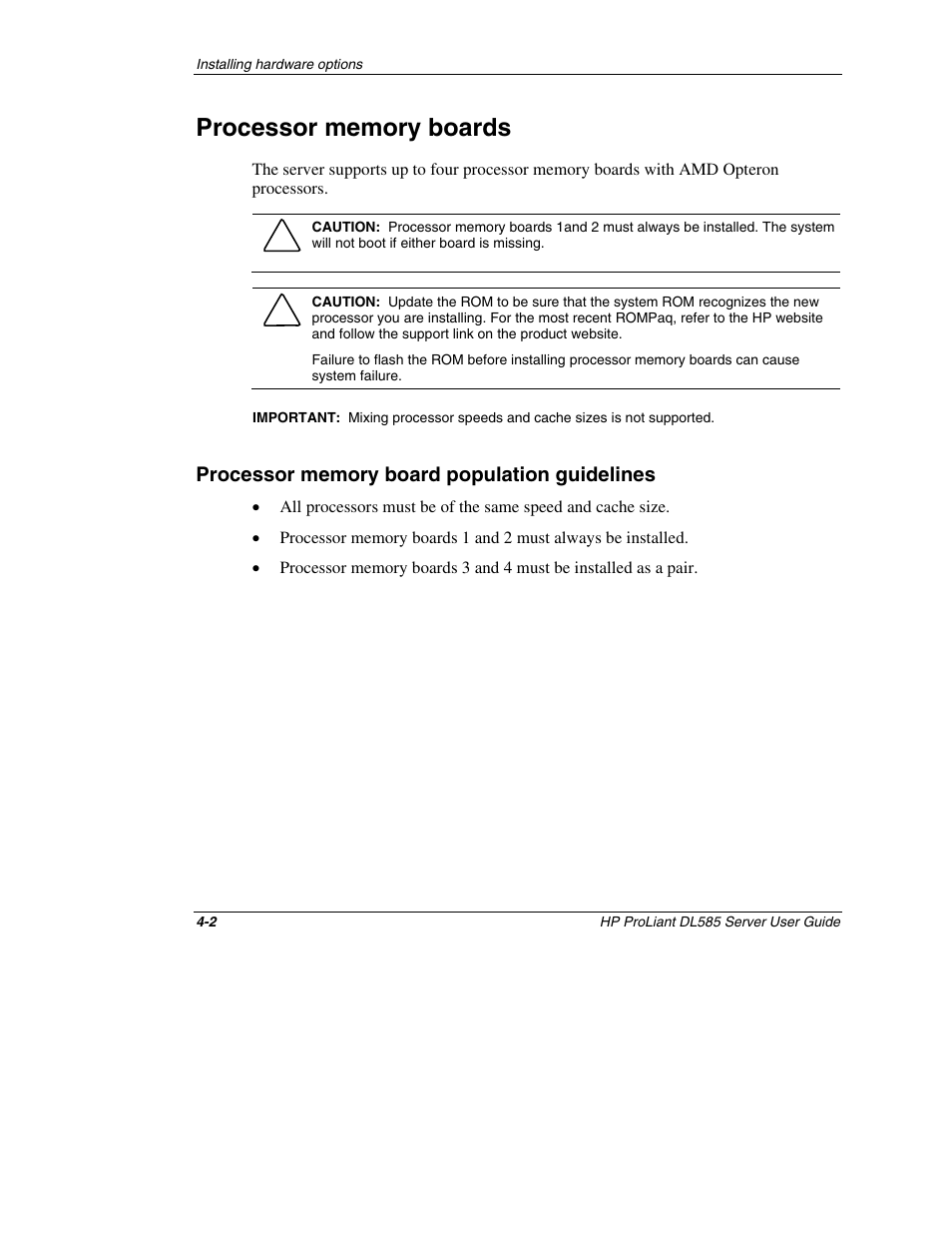 Processor memory boards, Processor memory board population guidelines, Processor memory boards -2 | Processor memory board population guidelines -2 | HP ProLiant DL585 Server User Manual | Page 53 / 183