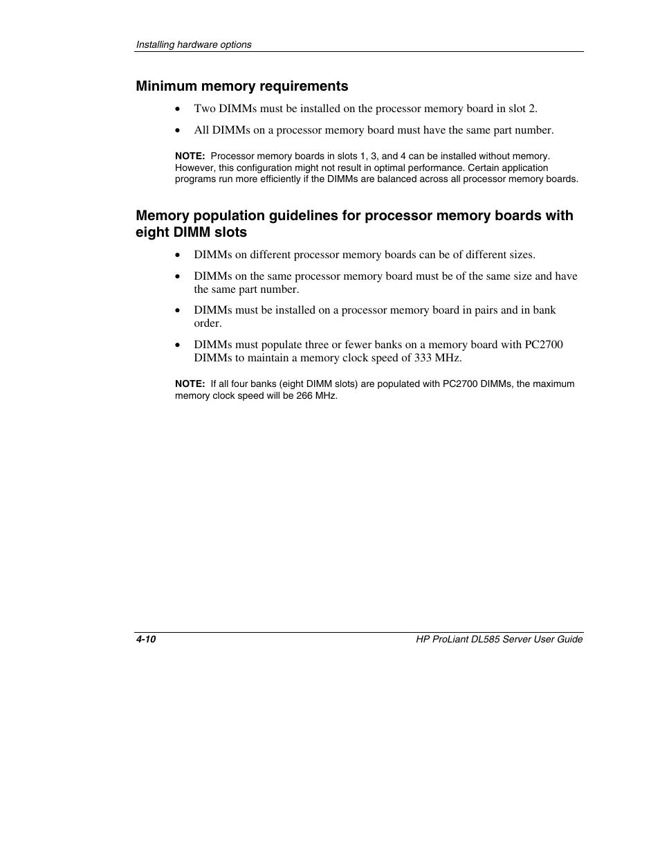 Minimum memory requirements, Minimum memory requirements -10 | HP ProLiant DL585 Server User Manual | Page 61 / 183