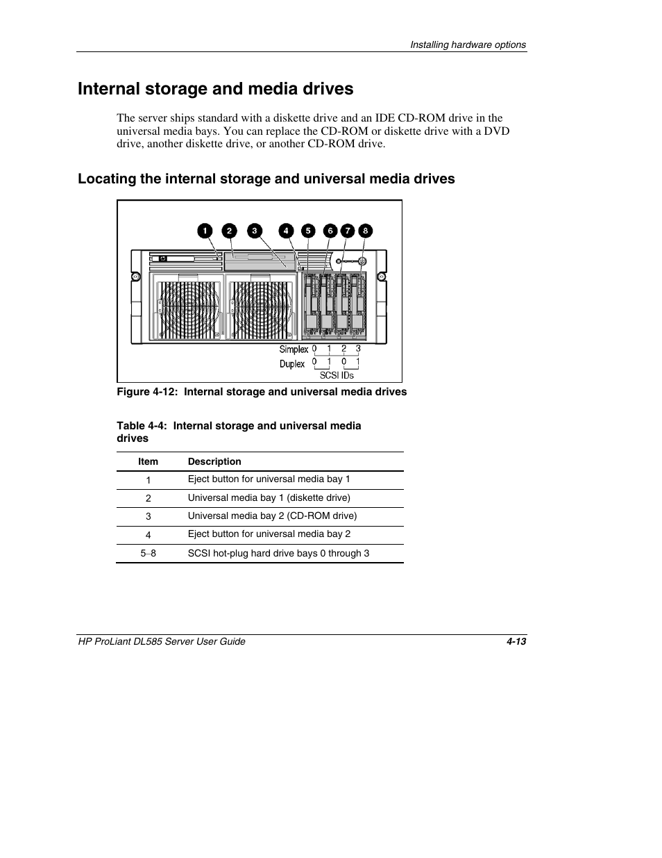 Internal storage and media drives, Internal storage and media drives -13 | HP ProLiant DL585 Server User Manual | Page 64 / 183