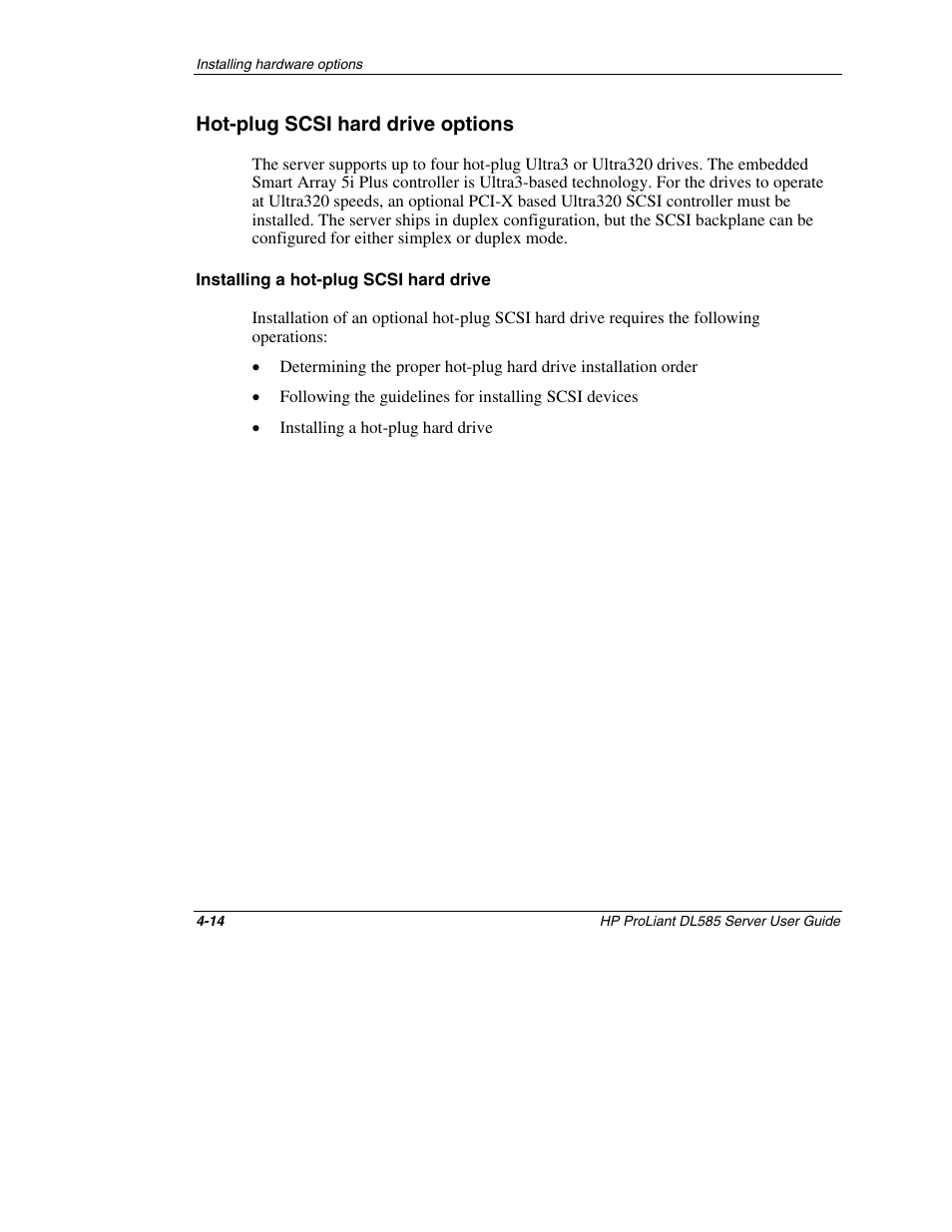 Hot-plug scsi hard drive options, Installing a hot-plug scsi hard drive, Hot-plug scsi hard drive options -14 | HP ProLiant DL585 Server User Manual | Page 65 / 183