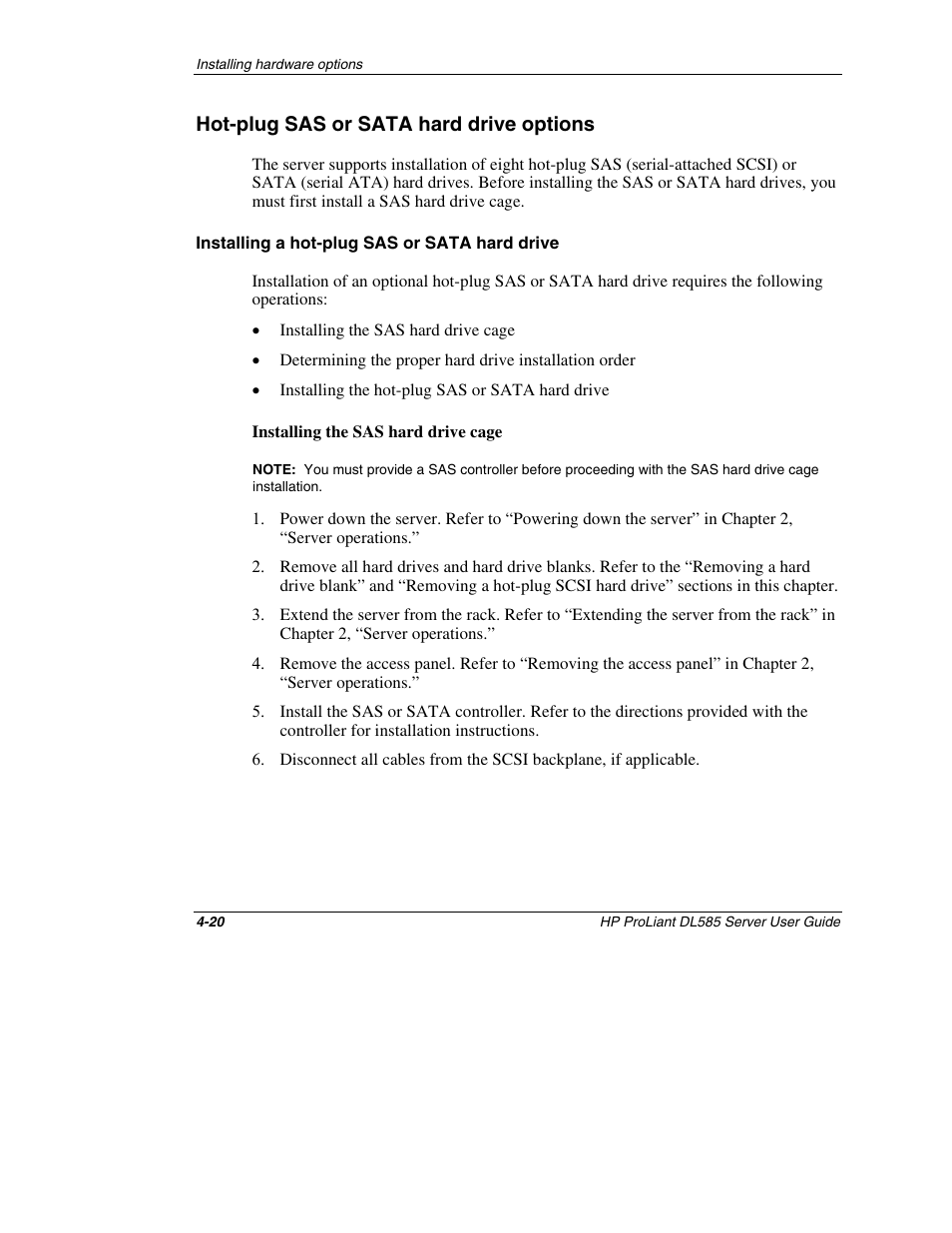 Hot-plug sas or sata hard drive options, Installing a hot-plug sas or sata hard drive, Hot-plug sas or sata hard drive options -20 | HP ProLiant DL585 Server User Manual | Page 71 / 183