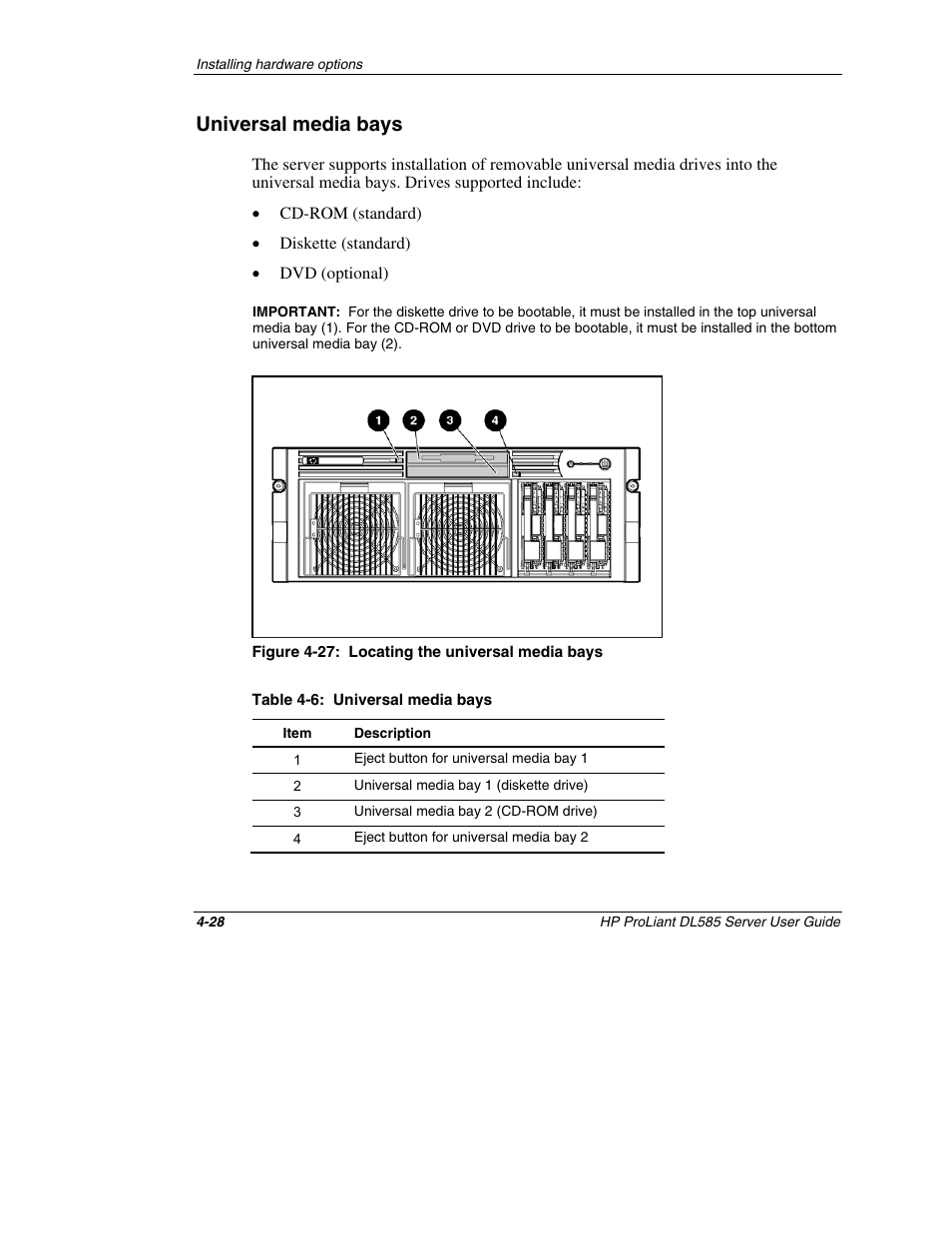 Universal media bays, Universal media bays -28 | HP ProLiant DL585 Server User Manual | Page 79 / 183