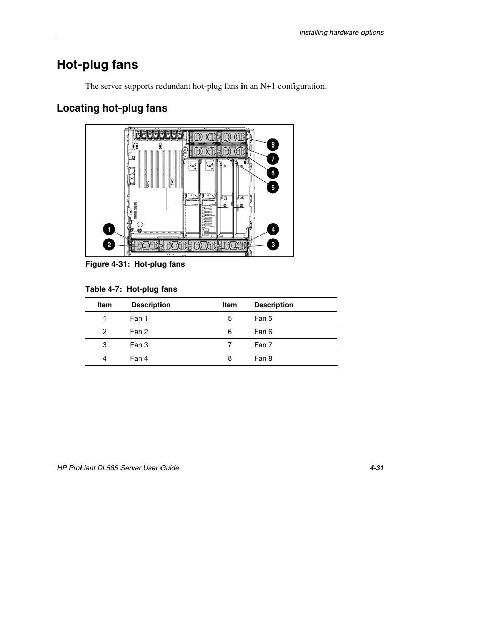 Hot-plug fans, Locating hot-plug fans, Hot-plug fans -31 | Locating hot-plug fans -31 | HP ProLiant DL585 Server User Manual | Page 82 / 183